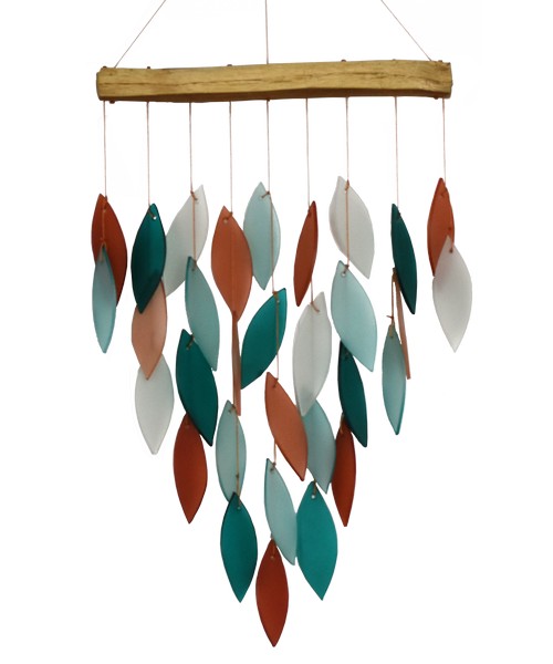WIND CHIME CORAL & TEAL WATERFALL - GLASS & WOOD