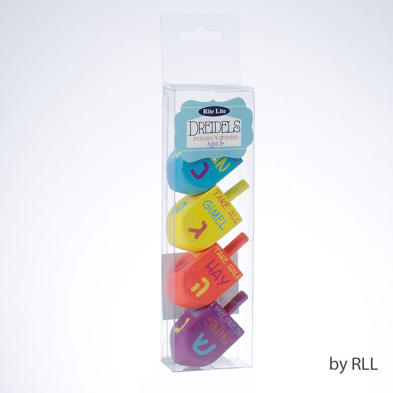 DREIDEL, MULTI-COLORED W/ ENGLISH, SET OF 4