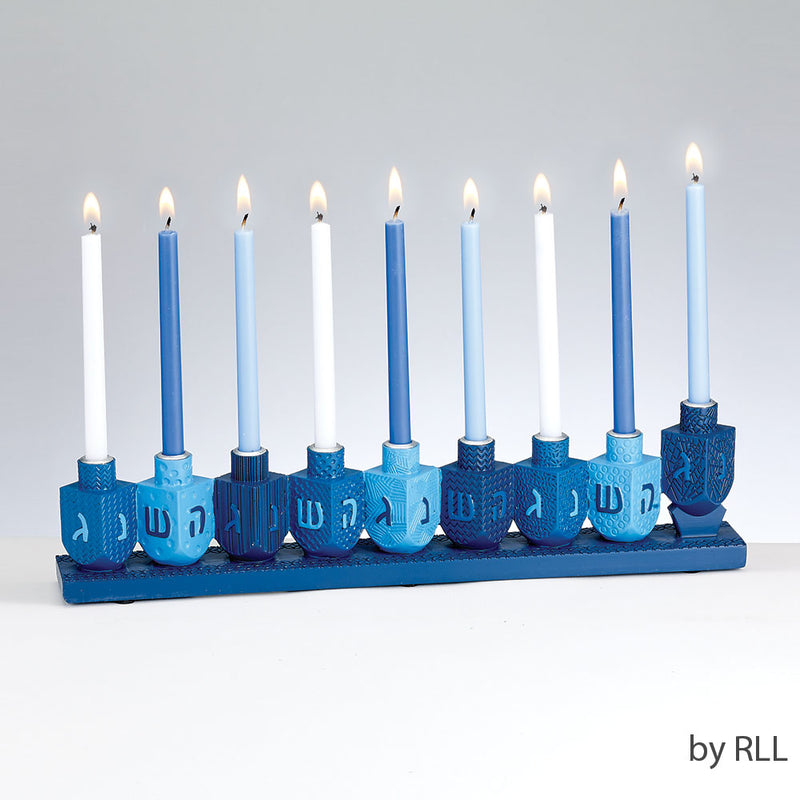 BLUE DREIDELS RESIN MENORAH -SELLOUT