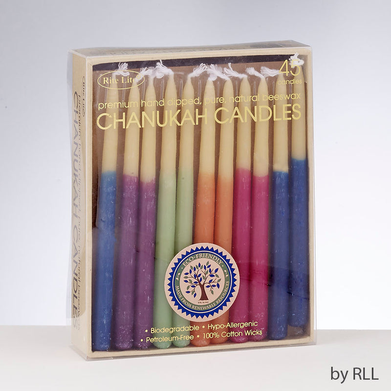 CHANUKAH CANDLES- BEESWAX, DIPPED MULTICOLOR